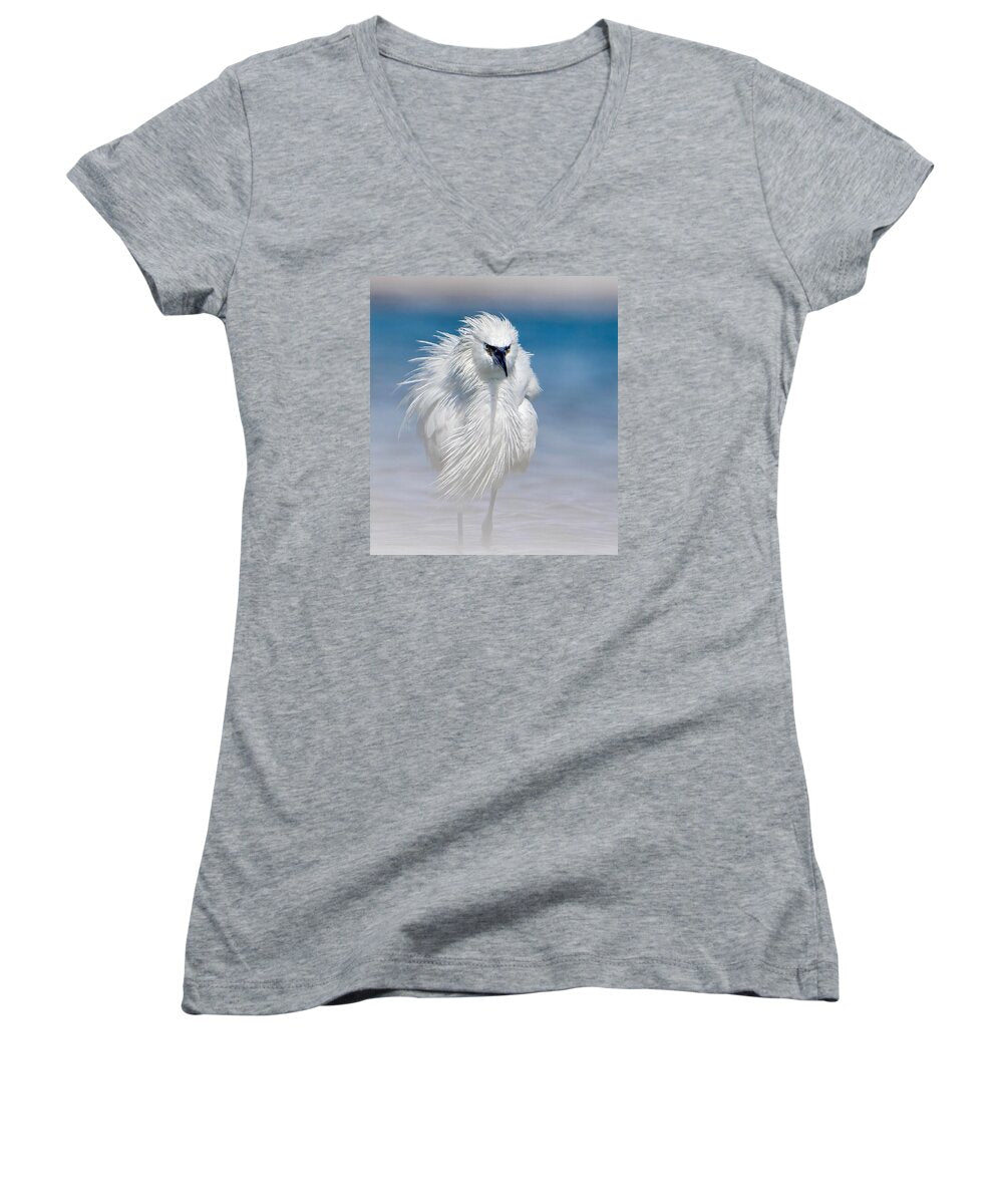 Elegant White Egret in Water - Women's V-Neck