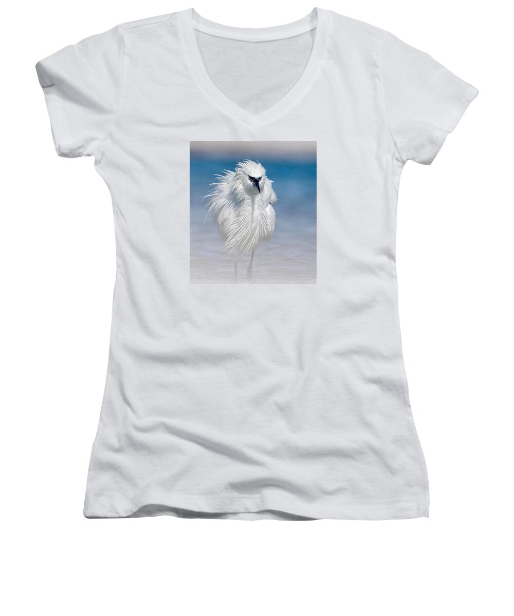 Elegant White Egret in Water - Women's V-Neck