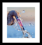 Heron Catching Its Prey in Motion - Framed Print